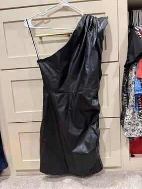Express Black One-Shoulder Faux Leather Cocktail Dress